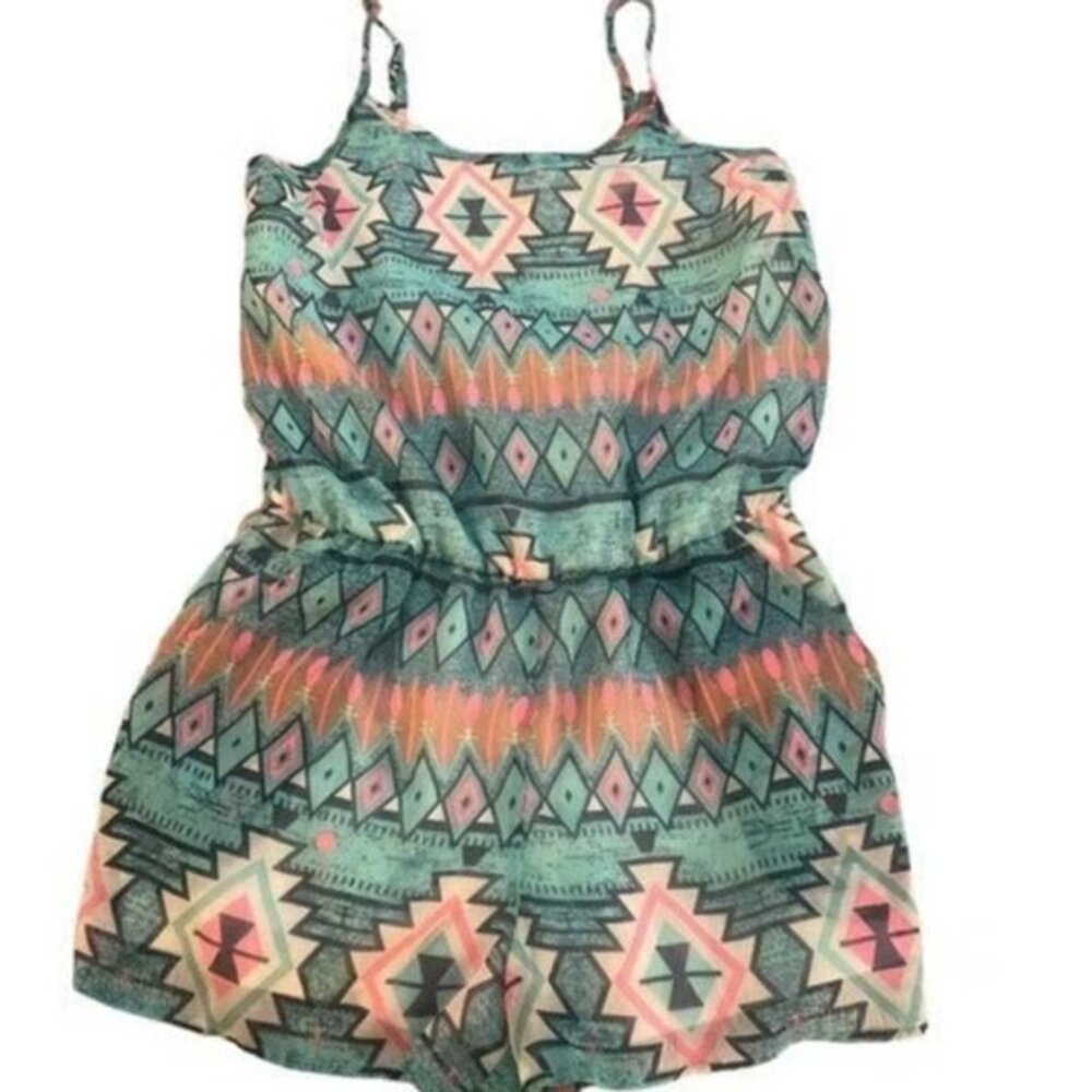 Tolula Teal Aztec Pattern Shorts Jumper Romper Size Med GUC #M-002